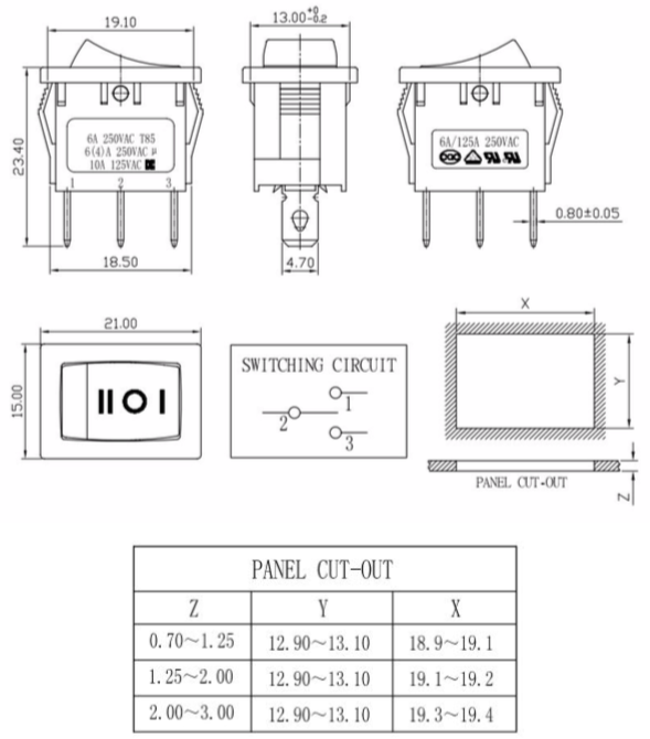SPDT Miniature Rocker Switch / Center Off Switch With 3 Position 6A 250V
