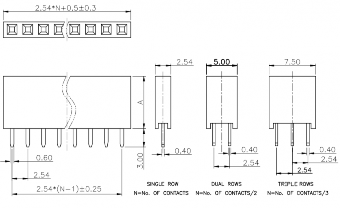Triple Row 2.54mm Female Header Socket 180° With Plastic Height 8.5mm